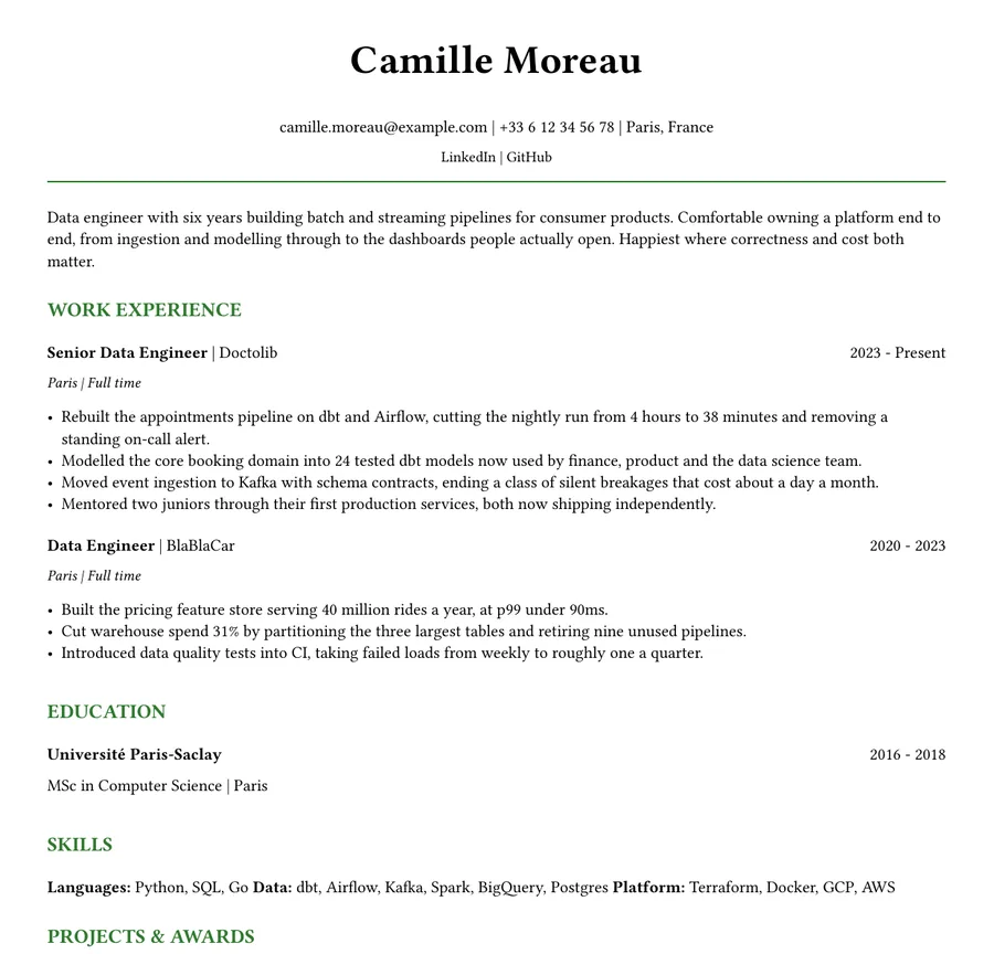 The same resume typeset by Rezoume with a green accent colour.